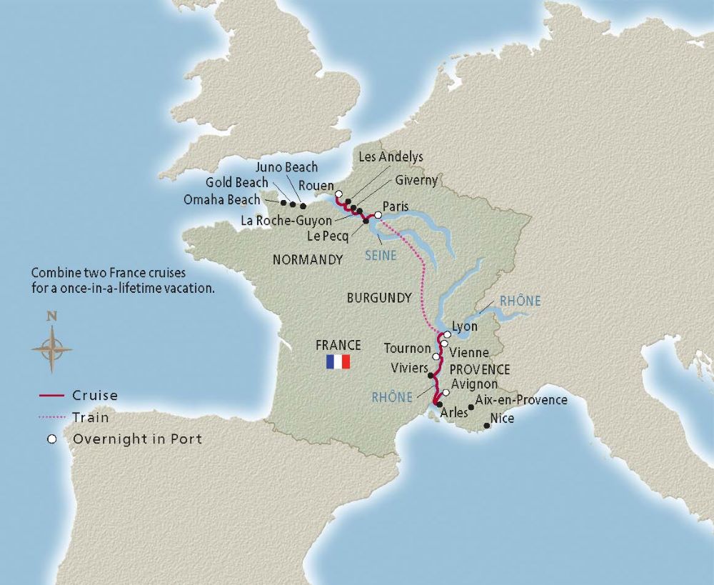 Map of France indicating all stops along the itinerary 