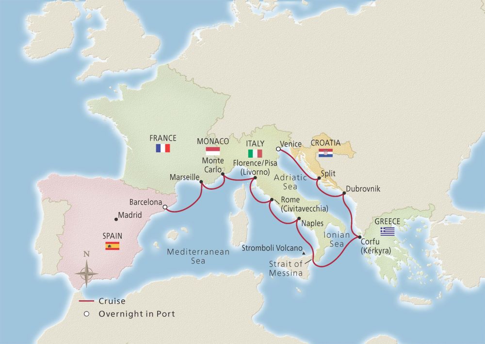 Map of Europe indicating all stops along the itinerary