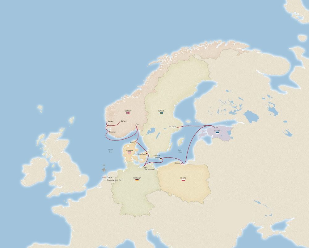 Map of Northern Europe indicating all stops along the itinerary 