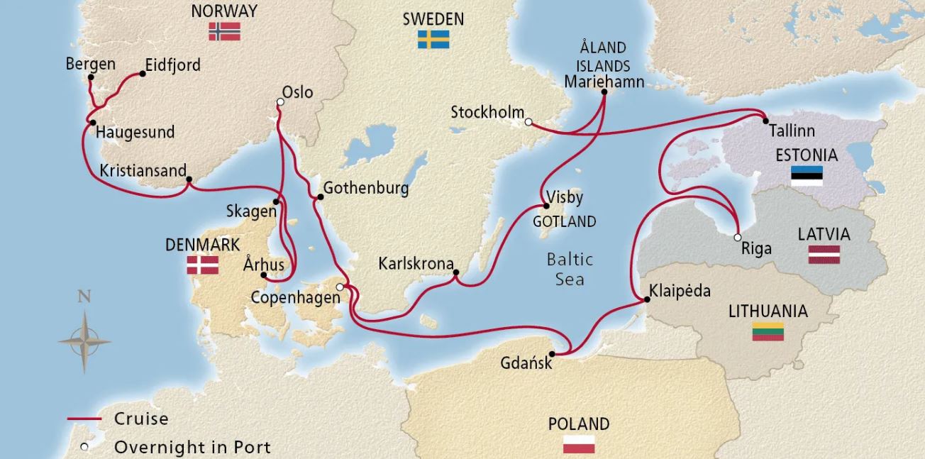 Map of Northern Europe indicating stops on the itinerary of a cruise 