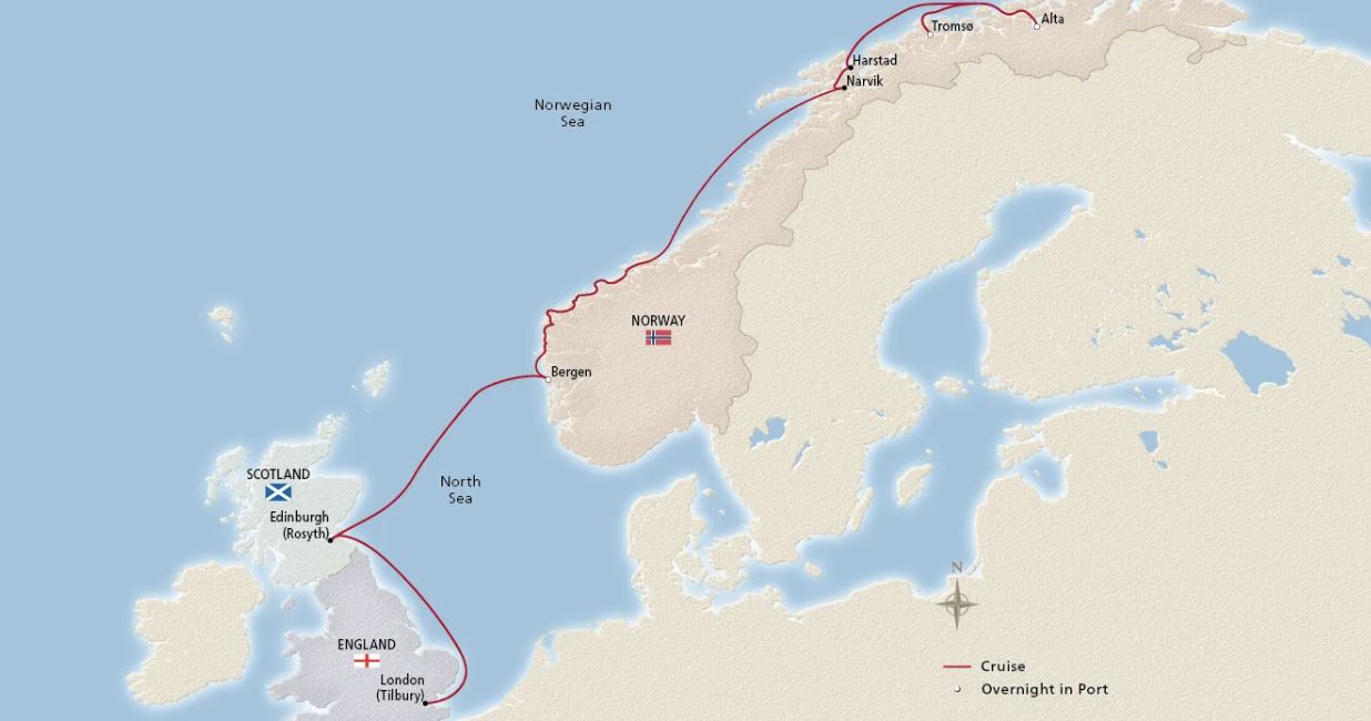 Map of northern Europe indicating all stops along the itinerary. 