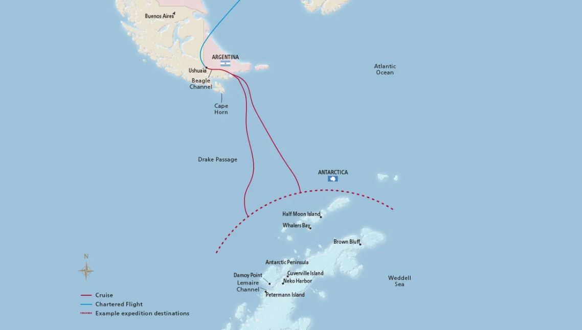 A map of Antarctica showing stops of a cruise itinerary 