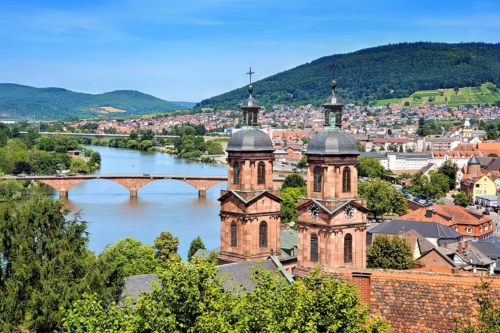 A European town set by the river and surrounded by hills and green forest