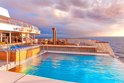 Infinity Pool aboard a Viking Ocean Cruise Ship at sunset. 