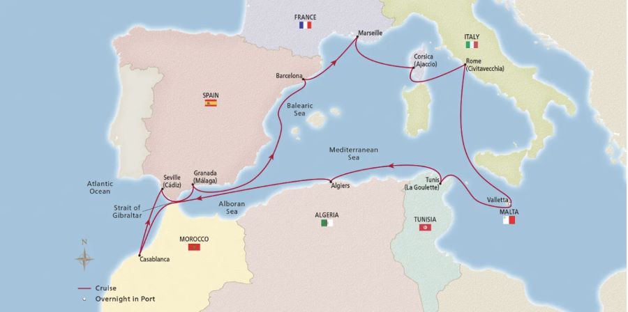 Map of the Mediterranean indicating all stops along the itinerary. 