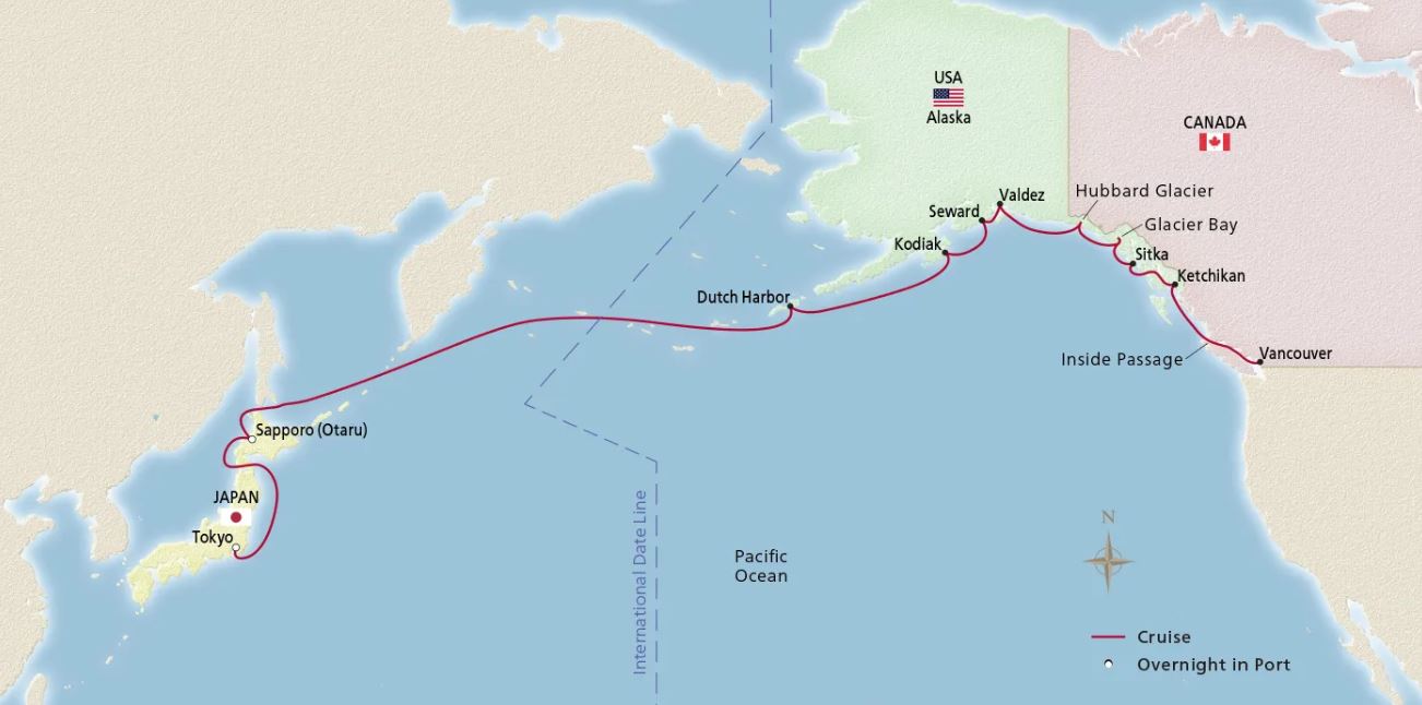 Map of Japan and North America showing stops of a cruise itinerary