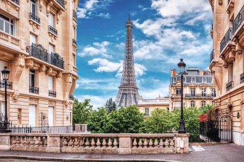 The Eiffel Tower with old french buildings in the foreground  