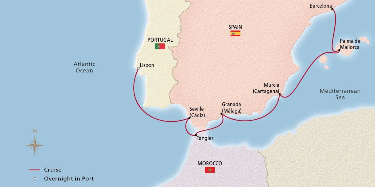 A map of Spain, Portugal and Morocco indicating stops along the way of a cruise 