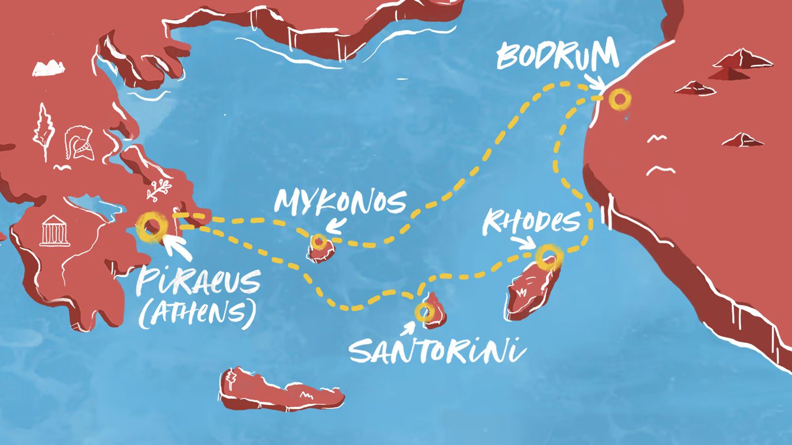 Map of Greek Islands indicating all stops along this itinerary 