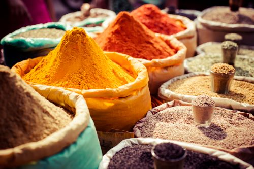 Close up of colourful spices at the Delhi spice market