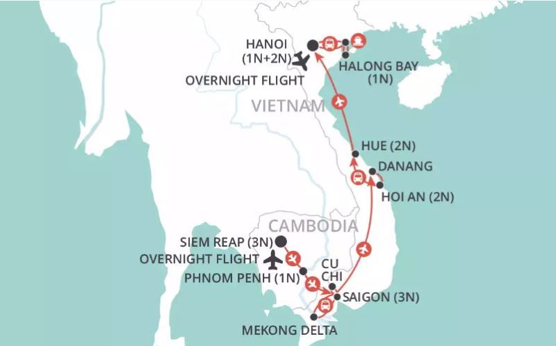 Map of Vietnam indicating all stops along this itinerary 