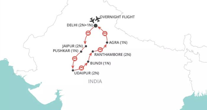 Map of India indicating all stops along this itinerary 