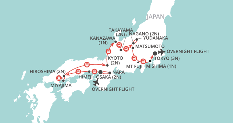 Map of Japan indicating all stops along this itinerary 