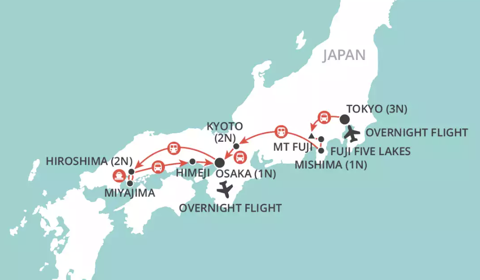 Map of Japan indicating all stops along this itinerary 