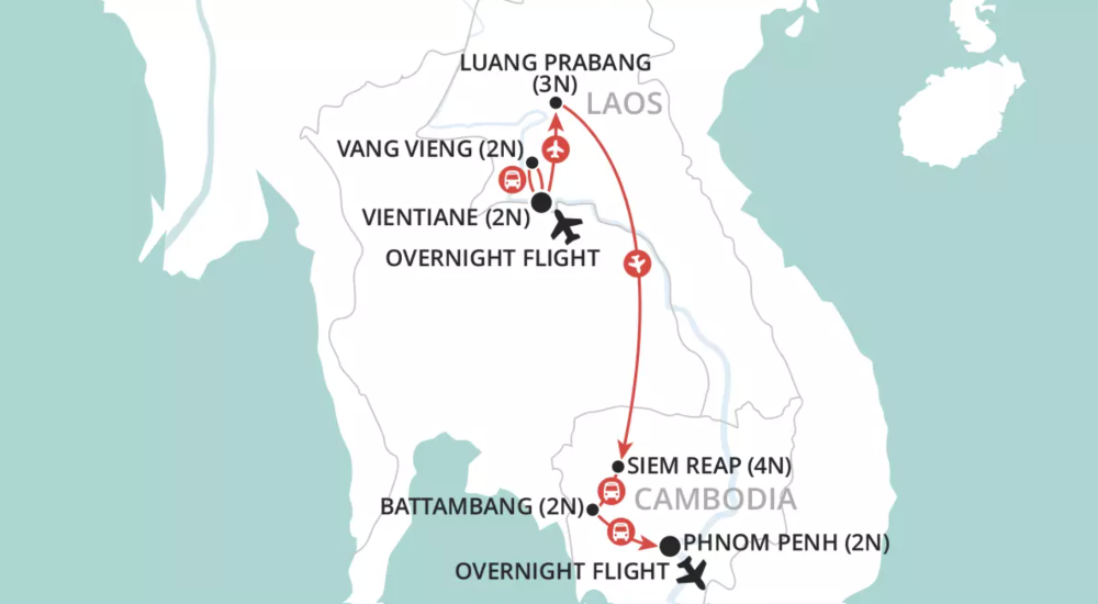 Map of Laos and Cambodia indicating all stops along this itinerary 