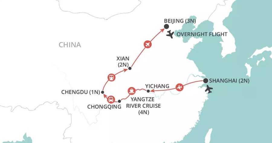 Map of China indicating all stops along this itinerary 