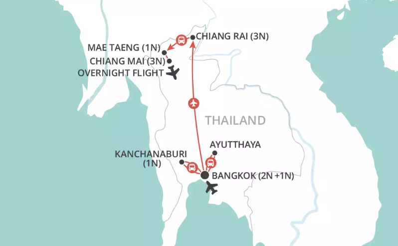 A map of Thailand indicating all of the stops of an itinerary