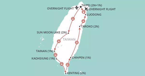Map of Taiwan indicating all stops along the itinerary