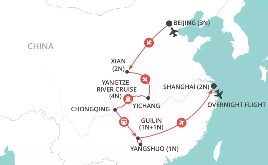 Map of China indicating all stops along this itinerary 