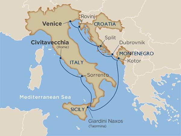 Map of Italy indicating the route of this cruise journey and all the ports of call along the way
