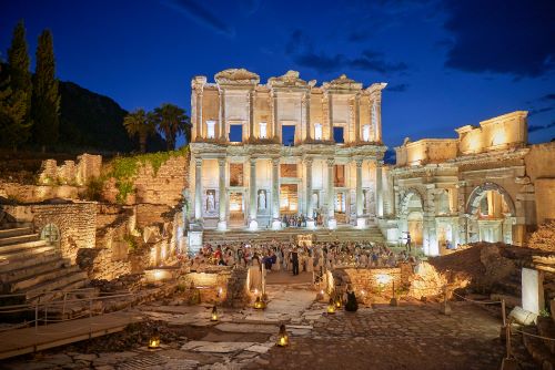 The monumental ruins of Ephesus all lit up at night