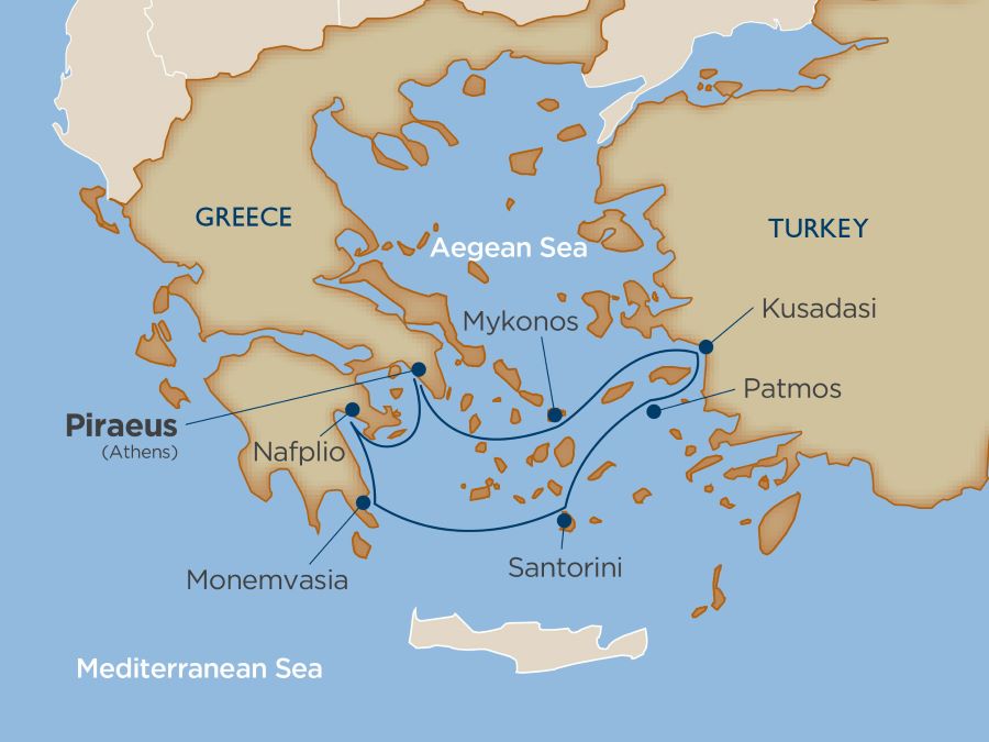 Map of Greece and Turkey indicating all stops along the itinerary 