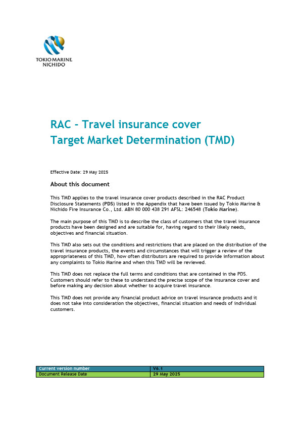 Front cover of the Travel Insurance TMDs